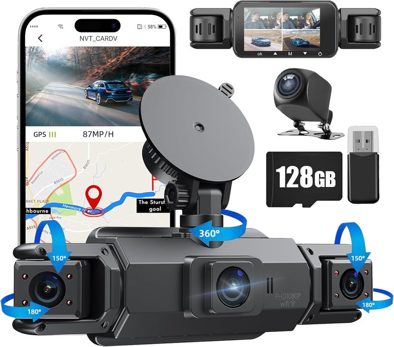 Gloryes 360 Dash Cam Front and Rear Inside,4 Channel Dash Cam 2025,2.5K+1080Px3 Dash Camera for Cars 24/7 Night Vision,360 Car Camera Built-in GPS,5G WiFi,Loop Recording,Parking Mode Free 128GB Card - Image 1